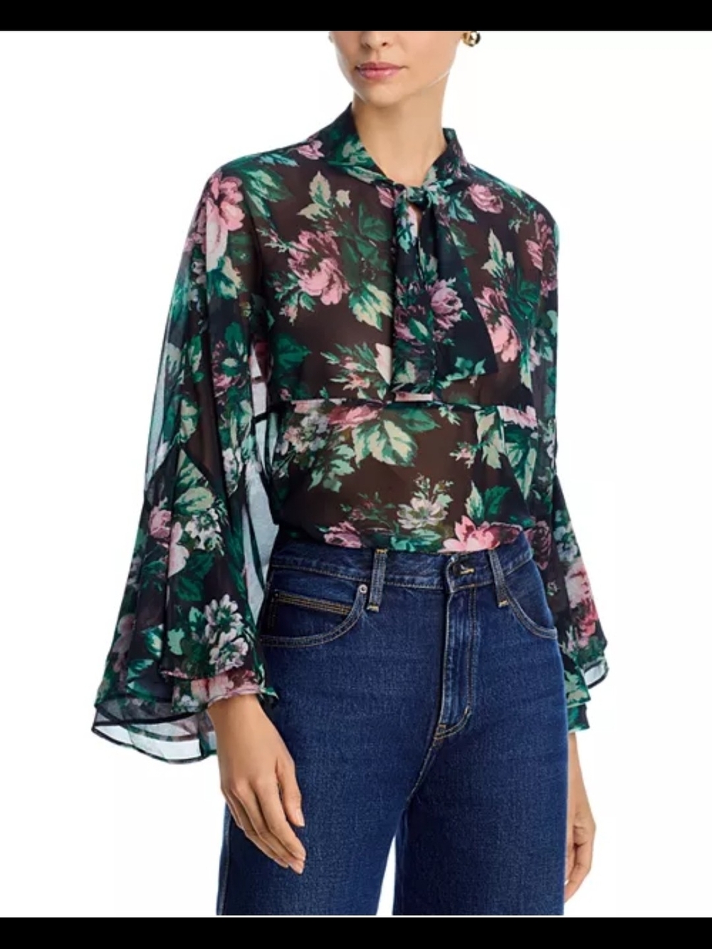 NWT AQUA Tie Neck Top Black Floral Long Cape Sleeve Semi-Sheer Blouse XS
